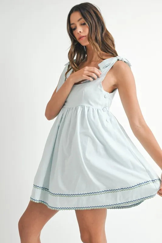 Zig Zag Embroidered Shoulder Tie Mini Dress