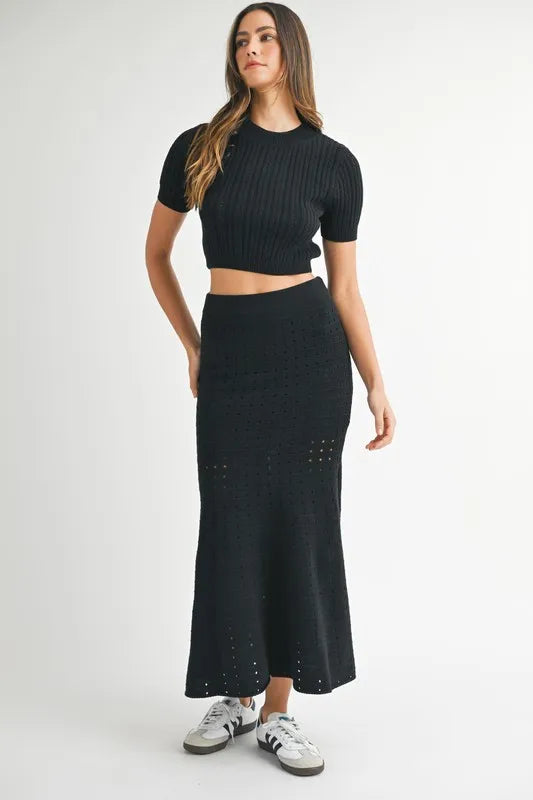 Pointelle Short Sleeve Crop Top and Slit Skirt Sweater Set