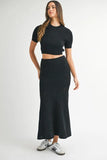 Pointelle Short Sleeve Crop Top and Slit Skirt Sweater Set