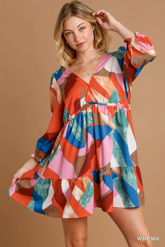 Geometric V-Neck Tiered Ruffle Dress