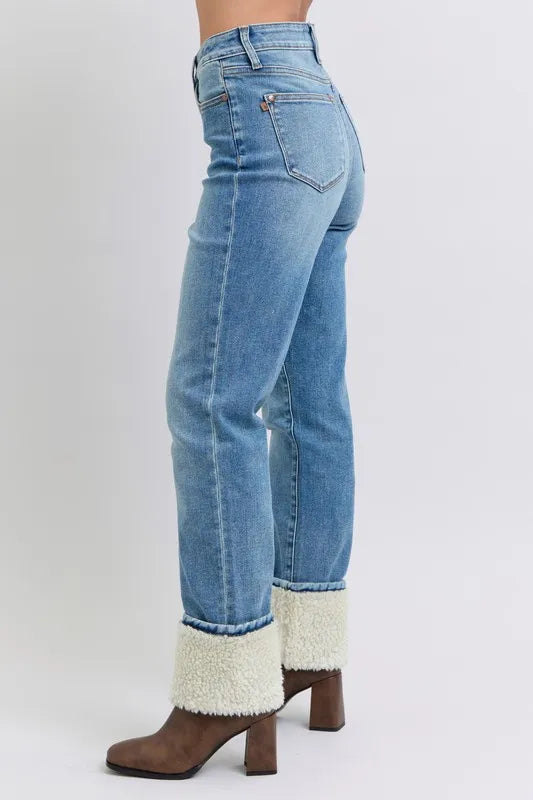 Full Size High Waist Shearling Cuff Straight Plus Size