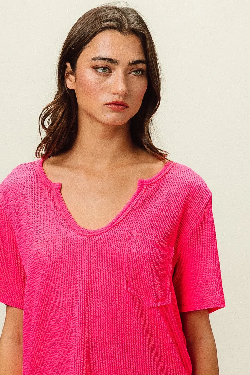 Textured V-Neck Tee with Chest Pocket