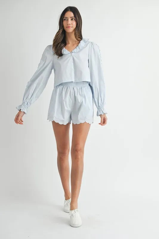 Long Sleeve Scallop Blouse and Shorts Set