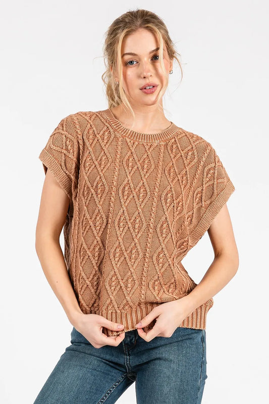 Mineral Wash Cap Sleeve Cable Knit Sweater Top