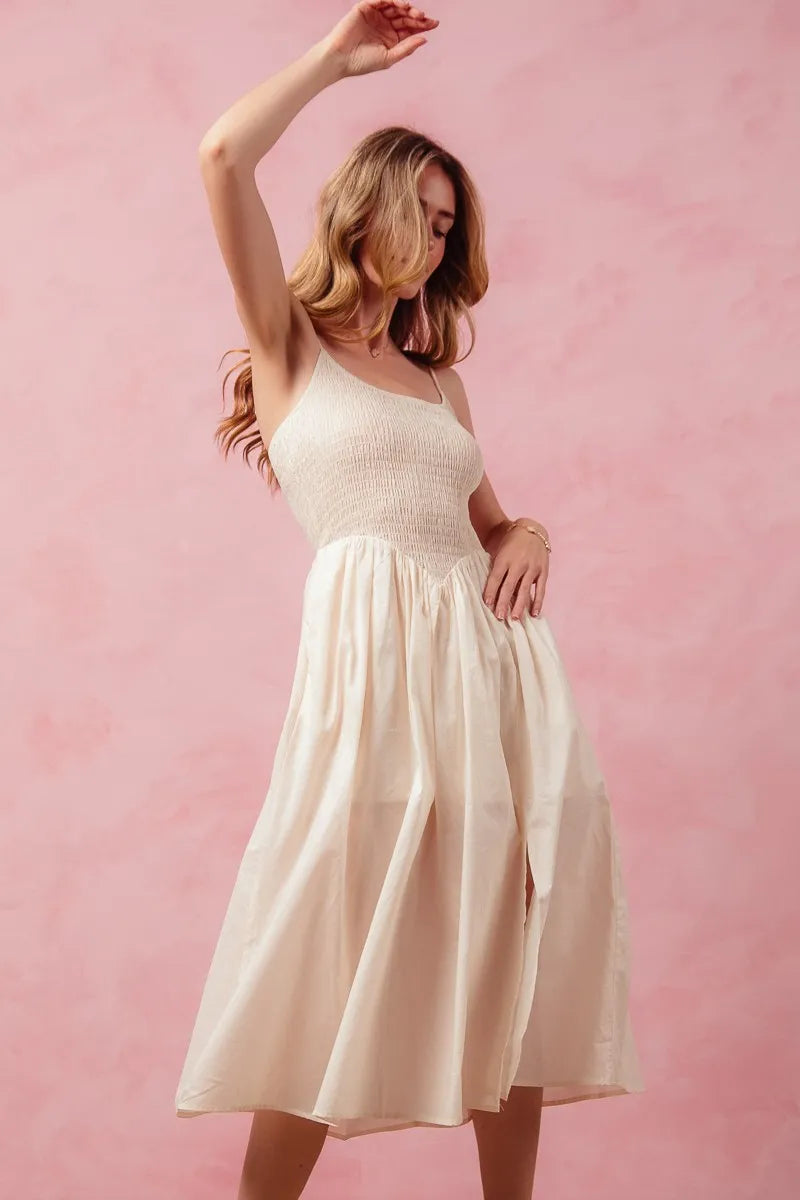 Elastic Smocked Midi Dress with Front Slit