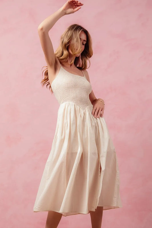 Elastic Smocked Midi Dress with Front Slit