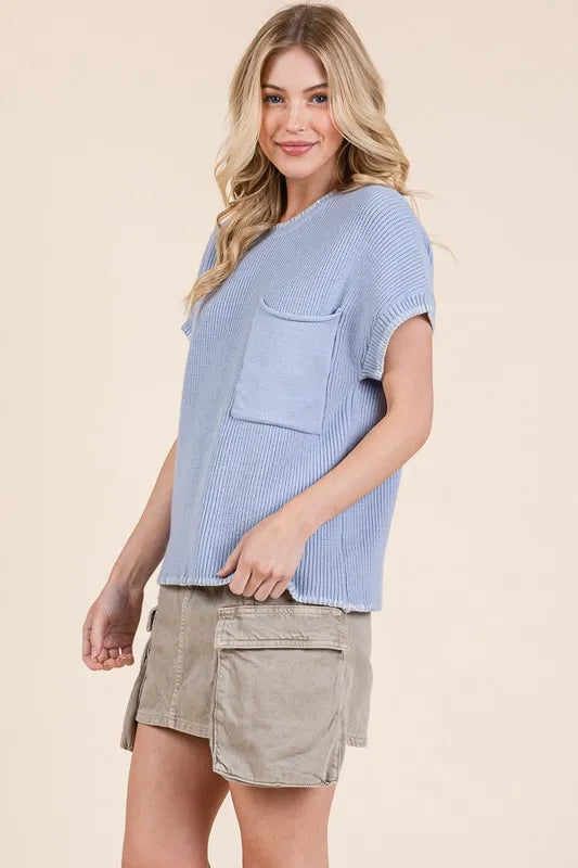 Solid Cap Sleeve Stitch Edge Knit Sweater