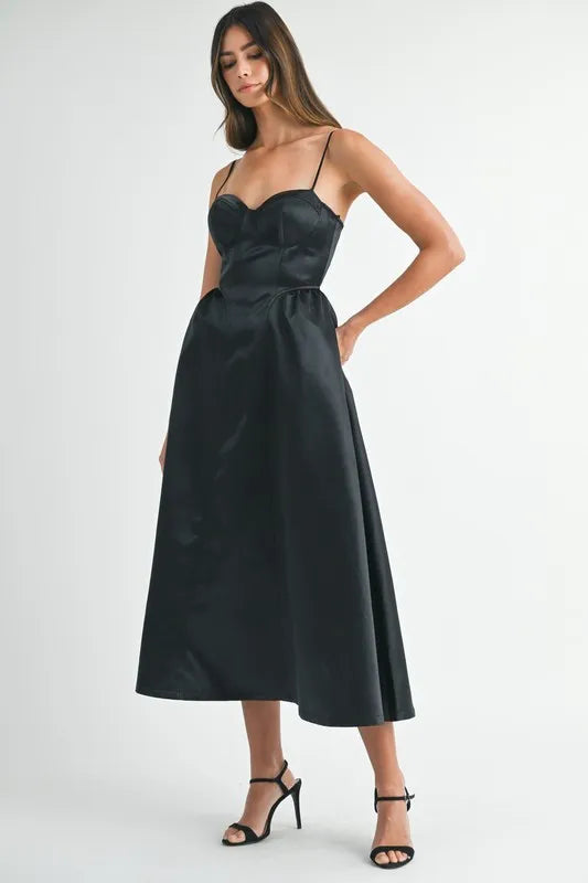 Solid Taffeta Spaghetti Strap Bustier Midi Dress