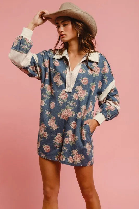 Washed Floral Denim Romper With Contrast Collar