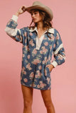 Washed Floral Denim Romper With Contrast Collar
