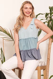 Full Size Color Block V-Neck Baby Doll Sleeveless Top Plus Size