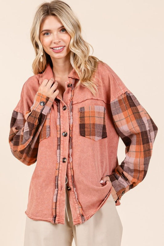 Button Down Contrast Plaid Patchwork Shacket
