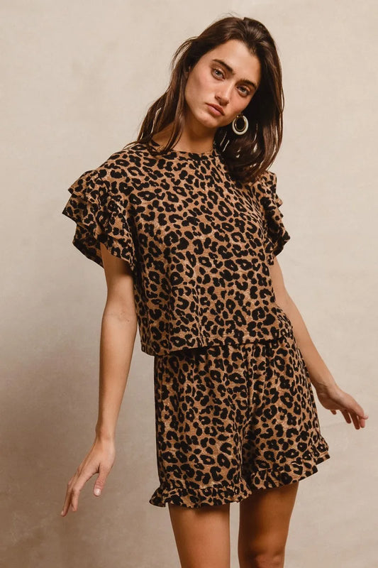 Waffle Texture Leopard Pattern Ruffle Sleeve Top and Shorts Ensemble