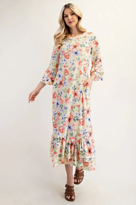 Full Size Soft Floral Ruffle Trim Dress Plus Size