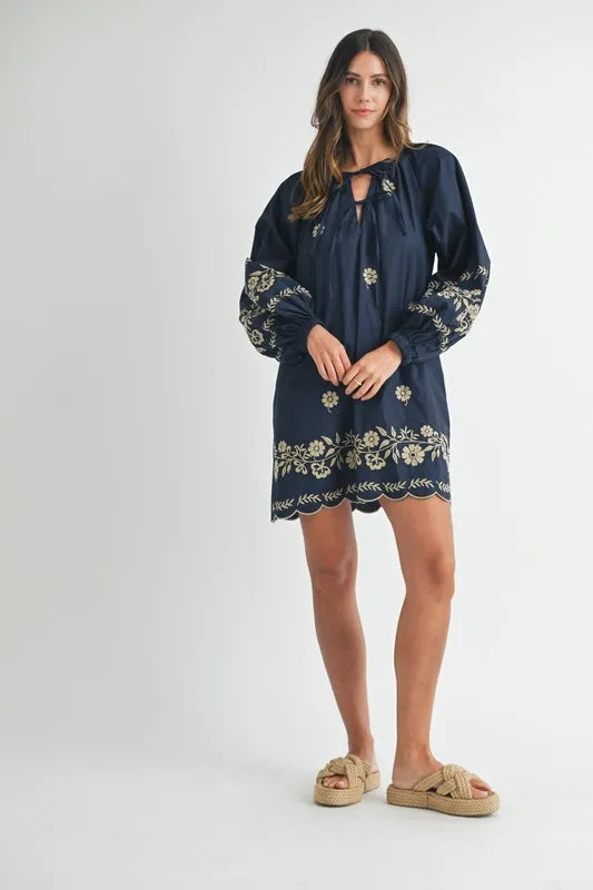 Embroidered Long Sleeve Peasant Mini Dress