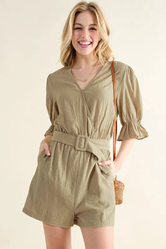 Flounce Sleeves Romper with Belt