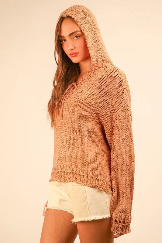 Oversized Openwork Lace Up Hooded Sweater