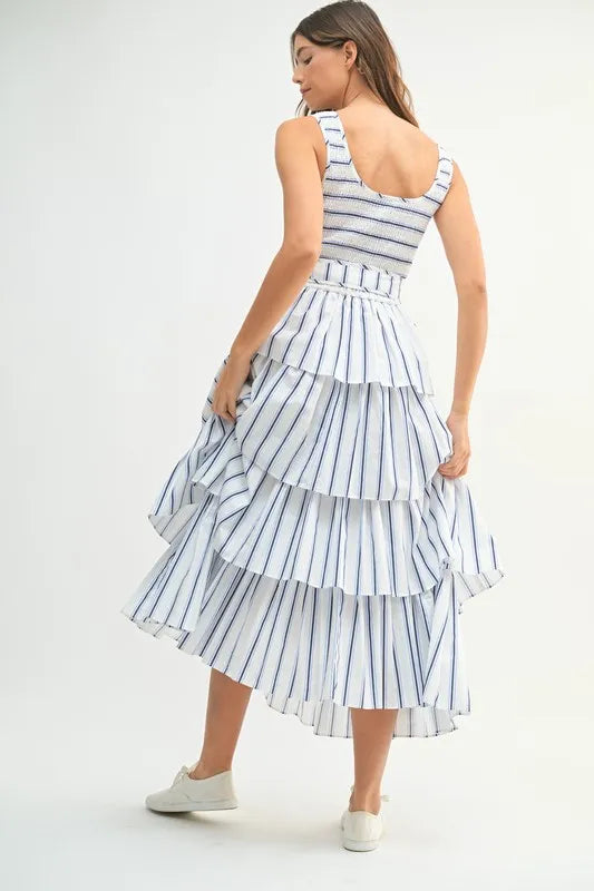 Pin Stripe Smocked Bodice Layered Midi Dress