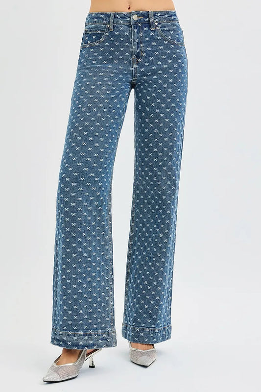 High Waist Bow-Embellished Wide Leg Jeans