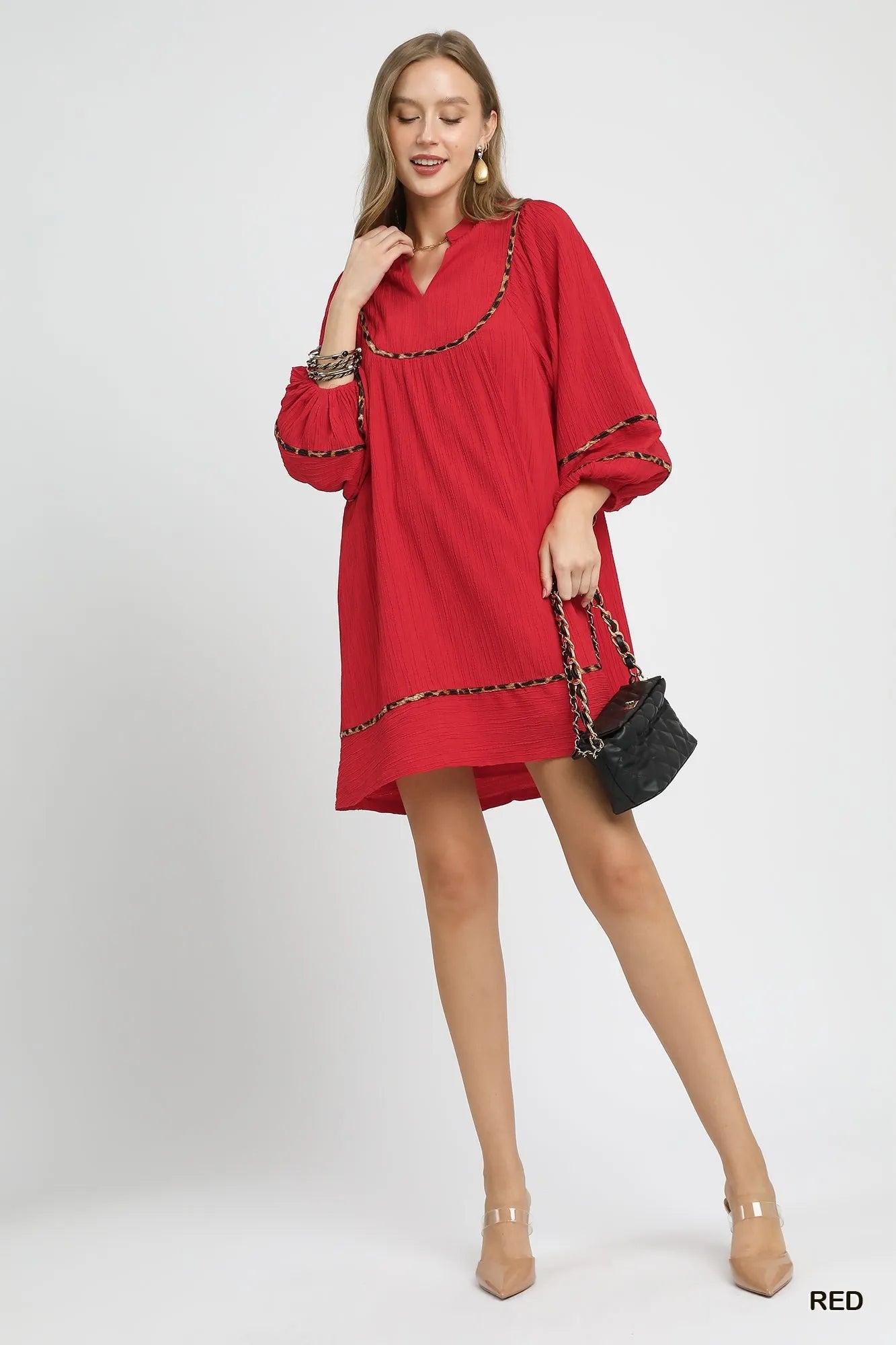 Leopard-Trimmed Textured Babydoll Tunic Dress