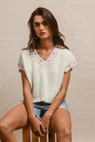 Knit Solid Contrast Stitch Detail Short Sleeves Sweater