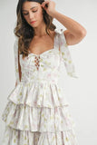 Floral Print Shoulder Tie Layered Mini Dress