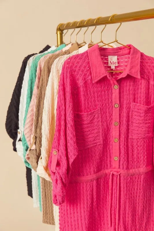 Textured Knit Button Front Romper