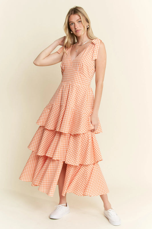Sleeveless Gingham Print Tiered Midi Dress