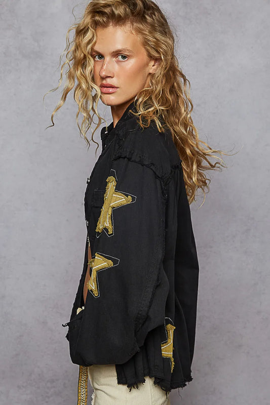 Star Embellished Raw Edge Button Front Denim Jacket