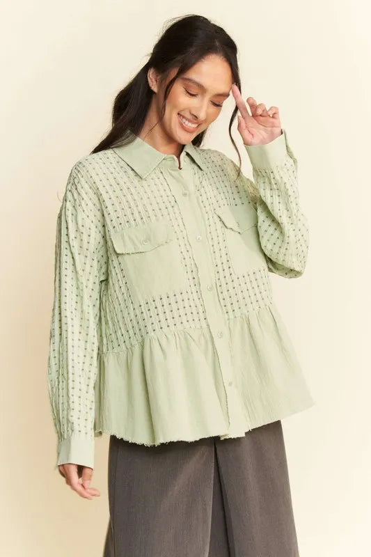 Garment Washed Jacquard Button Front Shirt