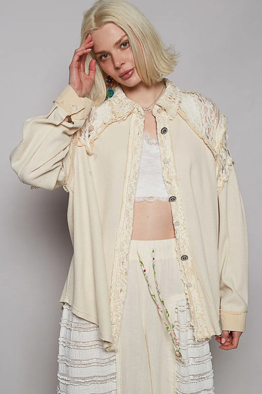 Vintage-Inspired Lace Trim Utility Jacket
