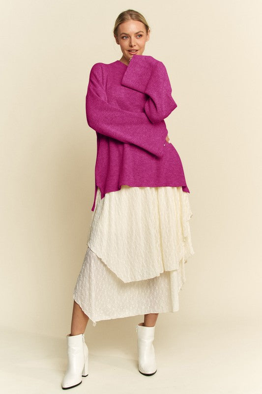 High-Low Round Neck Drop Shoulder Sweater