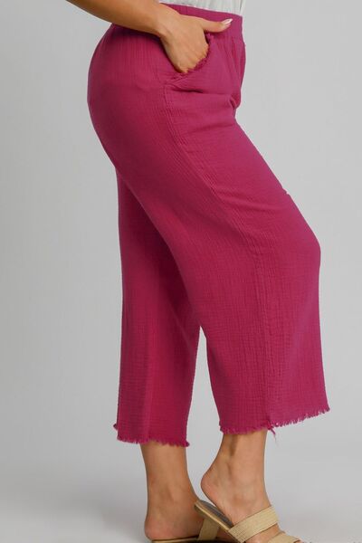 Full Size Raw Hem Elastic Waist Wide Leg Pants Plus Size