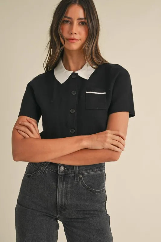 Button Down Contrast Collared Knit Cardigan