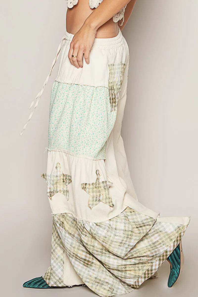Bohemian Patchwork Drawstring Cargo Wide Leg Pants