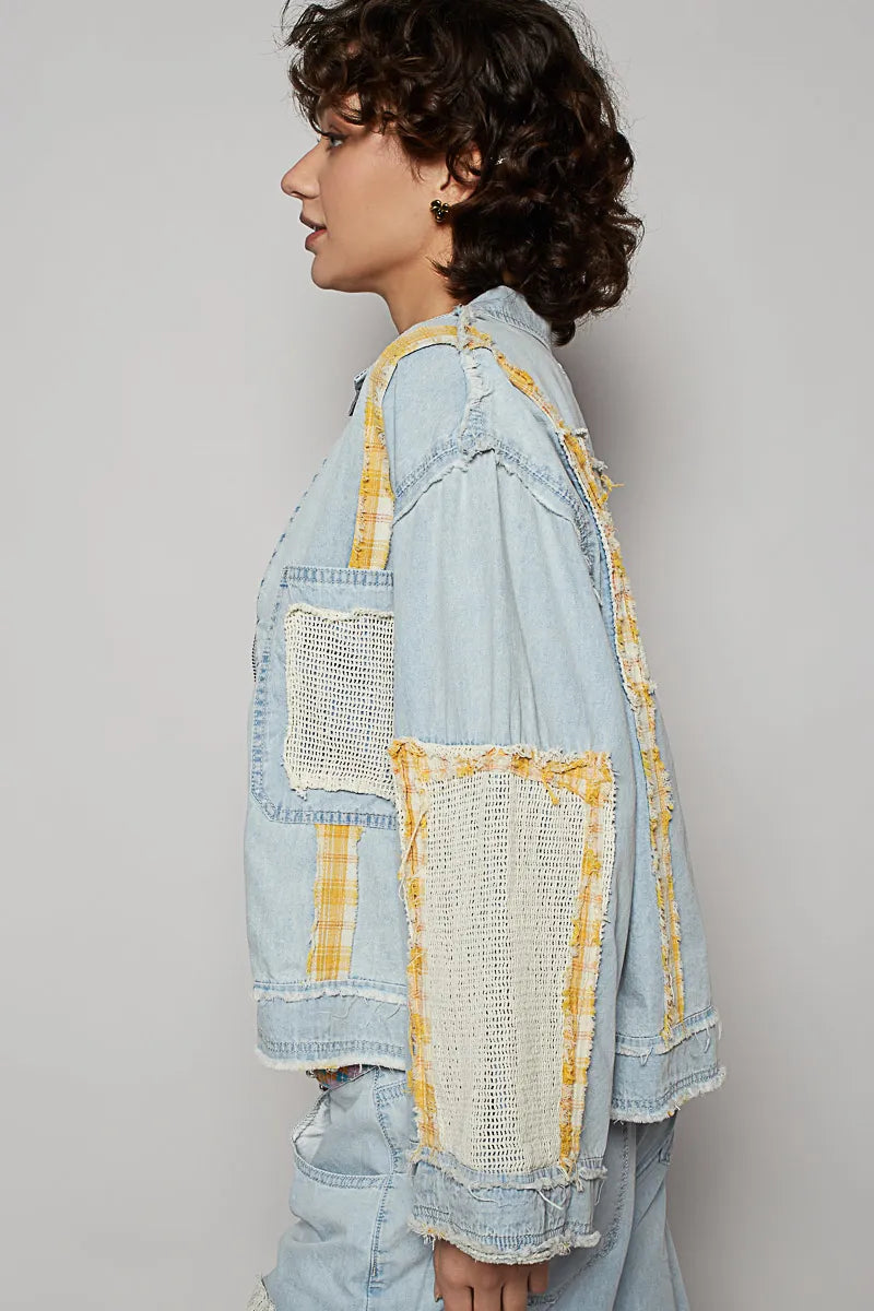 Plaid & Crochet Patched Zip-Up Denim Jacket with Raw Hem