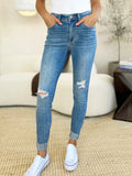 Full Length Mid Waist Distressed Cuffed Skinny Jeans