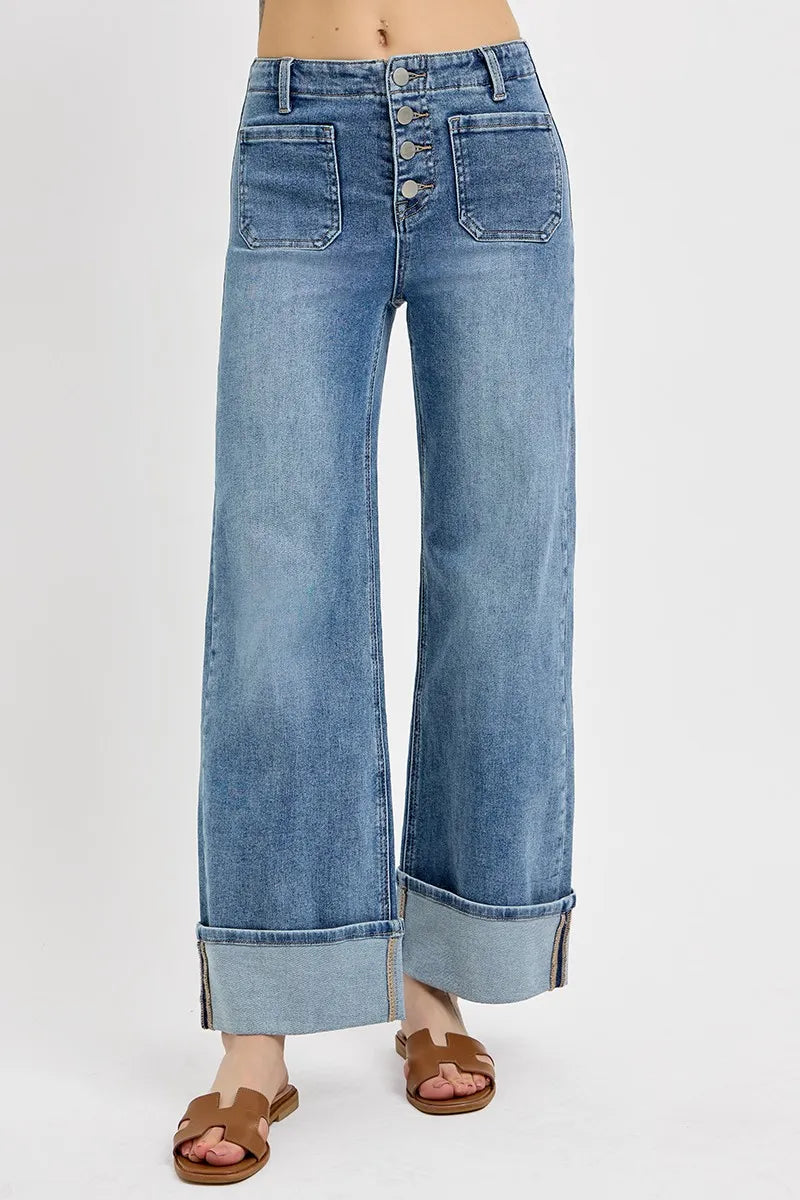 High Waisted Cuffed Wide Leg Button Fly Patch Jeans