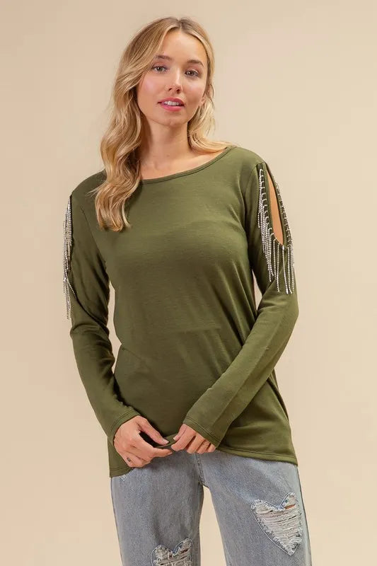 French Terry Cold Shoulder Ringstone Fringe Top