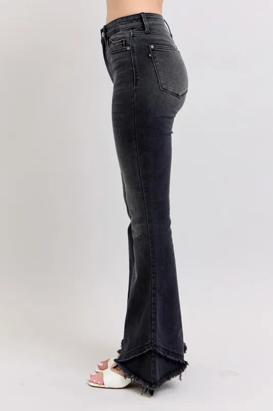 Full Size High Waist Flare W/ Mock Fray Tulip Hem Plus Size