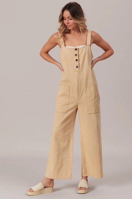 Washed Denim Buttoned Overall Jumpsuit