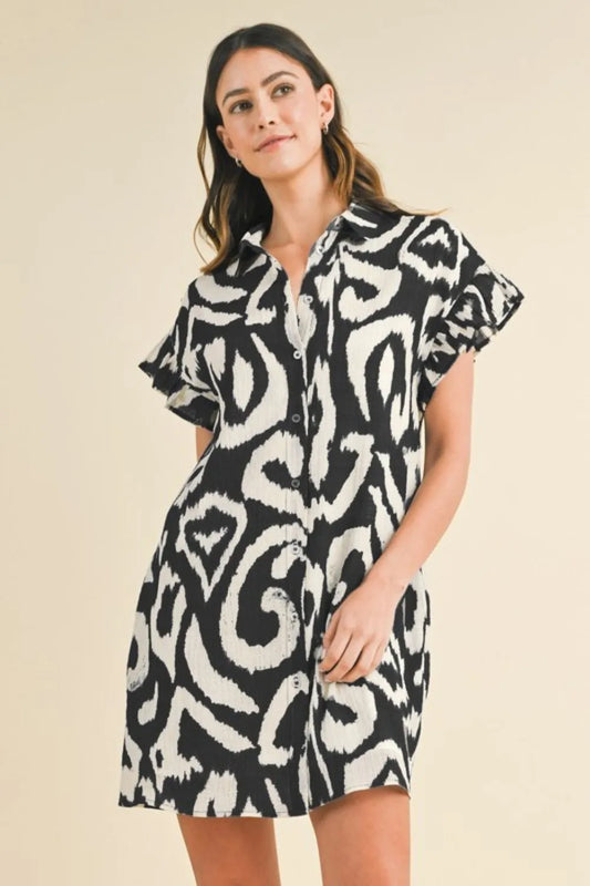 Abstract Printed Frill Sleeve Shirt Mini Dress