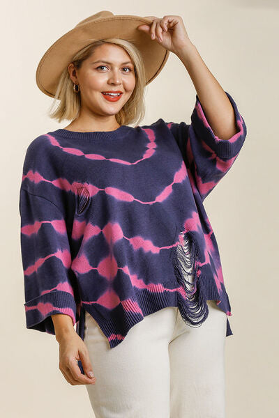 Full Size Tie Dye Side Slit Round Neck Distressed Detail Sweater Plus Size