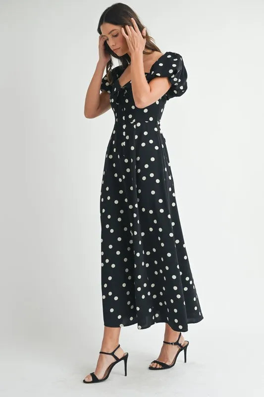Polka Dot Puff Sleeve Midi Dress
