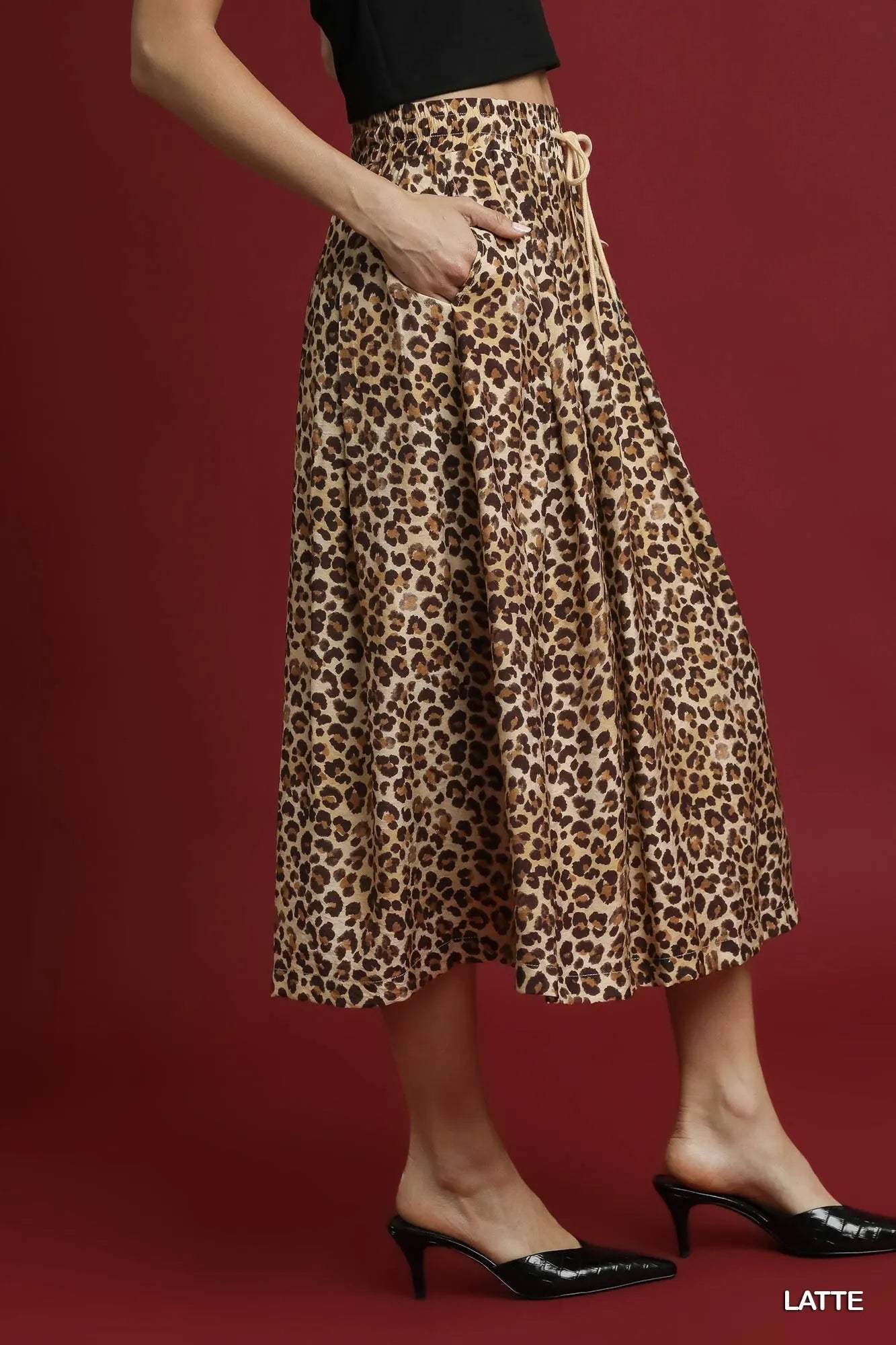 Leopard Print A-Line Midi Skirt with Drawstring