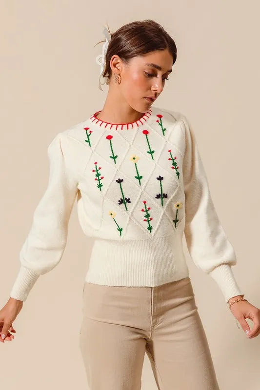 Small Flower Embroidered Sweater Top