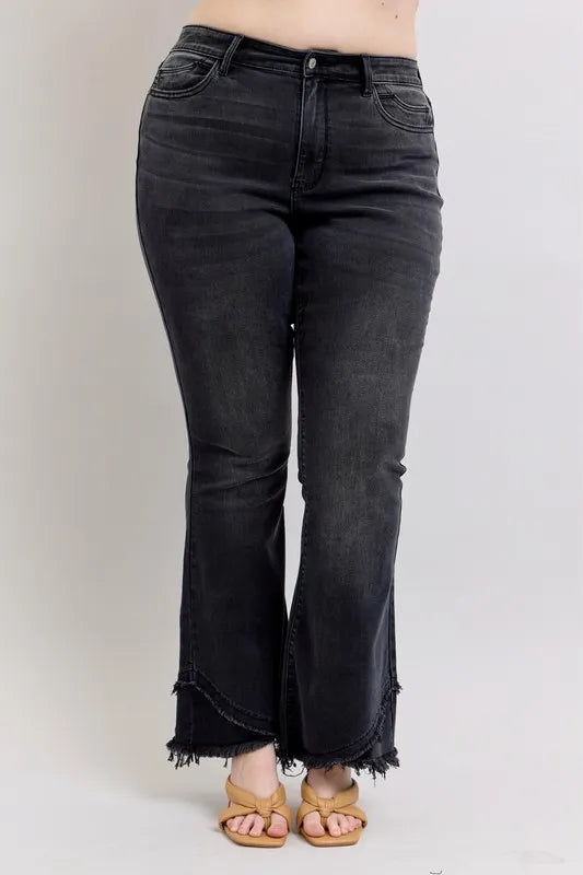 Full Size High Waist Flare W/ Mock Fray Tulip Hem Plus Size