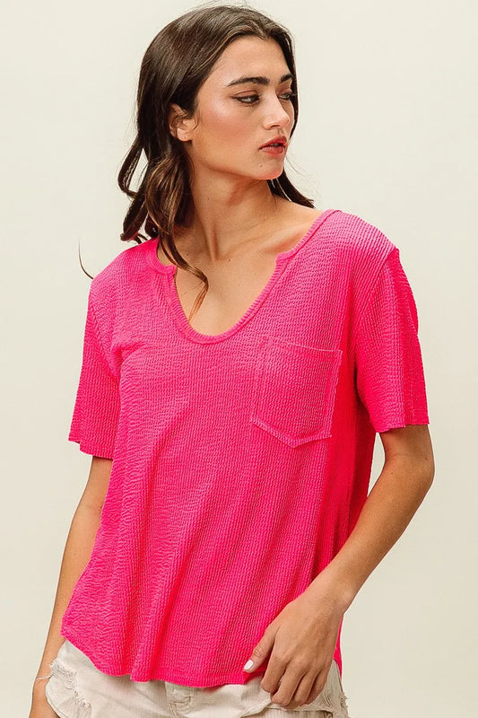 Textured V-Neck Tee with Chest Pocket