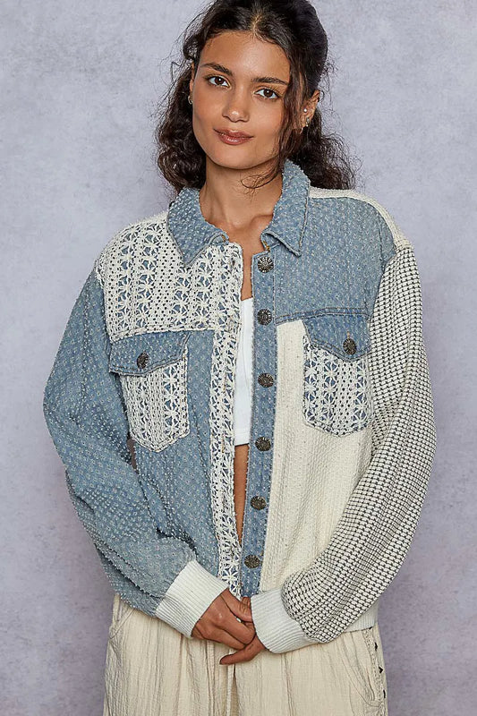Patchwork Lace Accent Oversized Jacket with Pockets