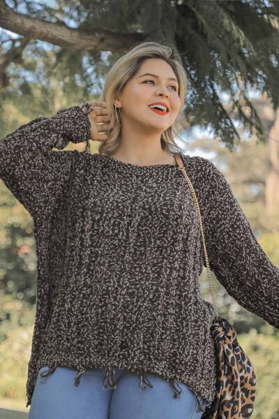 Full Size Frayed Hem Cable Knit Round Neck Sweater Plus Size